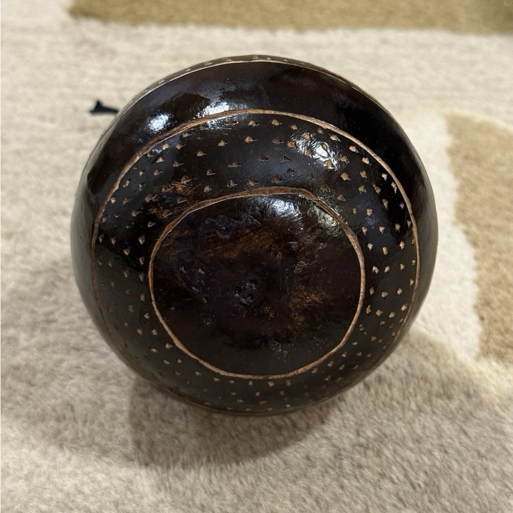 Handcrafted African Carved Gourd Rattle – Tribal Dotwork Design with Strap - Picture 2 of 3